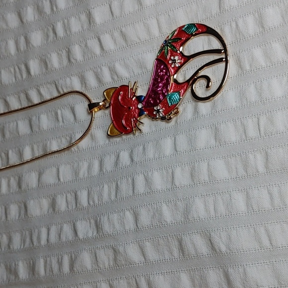 Cute Cloisonne Style Colourful Cat with Fish Charm Necklace - Picture 3 of 7